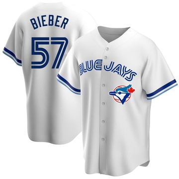 Replica Shane Bieber Men's Toronto Blue Jays White Home Cooperstown Collection Jersey